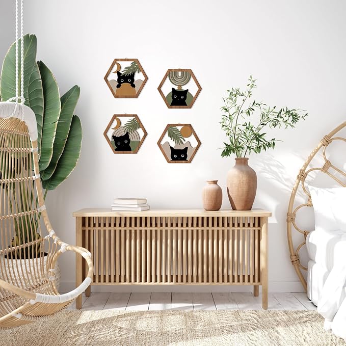 HPNIUB Boho Black Cat Wall Decor, Farmhouse Geometric Hanging Wooden Wall Art, 4 Pieces 11''x9.8'' Mid Century Bohemian Abstract Moon and Sun Wood Sign for Nursery Bedroom Decoration, Lovely Cat Gifts