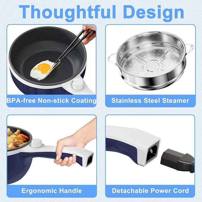 Dezin Electric Pot with Steamer, 1.5L Non-Stick Portable Hot Pot Electric | Dual Power, Upgraded 700W Electric Pot for Cooking Steak, Egg, Ramen Cooker for Dorm, Travel, Office, Easy to Clean, Navy Pan