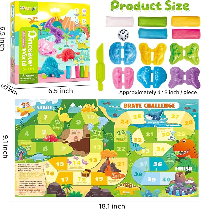 Dinosaur Dough Sets for Kids Ages 2-4, Family Board Games for 2-6 Players, 6 Dino 3D Modeling Tools, 5 Dough, Adventure Map & Dice, Dough Accessories Gift for 3 4 5 6 Year Old Boys Girls