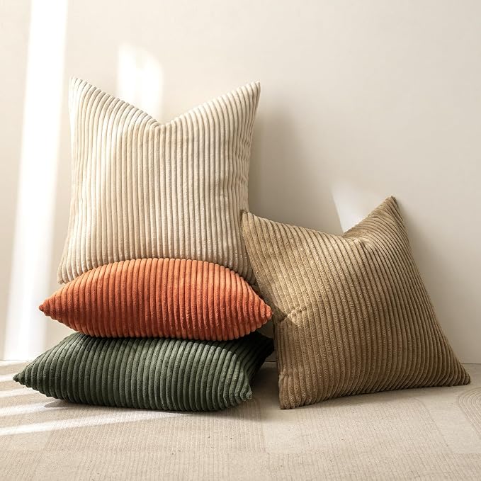 MIULEE Fall Corduroy Decorative Throw Pillow Covers Rust-Olive Green 16x16 | Set of 4, Vintage Fall Decor, Rustic Brown Green Collection, Boho Farmhouse Cushion Covers for Couch Bed Sofa Living Room