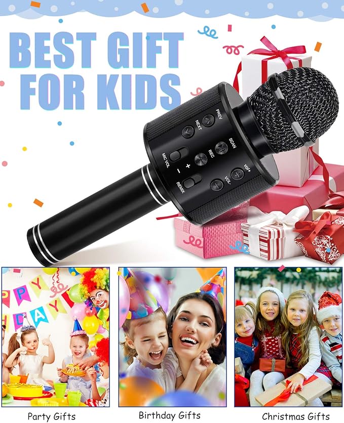 Kids Toys Age 3-12, Karaoke Microphone for Kids Birthday Presents Gifts for 5 6 7 8 9 10 11 12 Year Old Girls Boys Toys for 4-11 Year Old Girl Boy Teen - Black