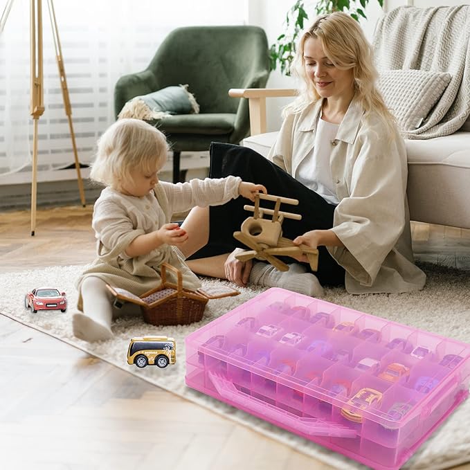 Double Sided Toy Car Storage Case for 48 Cars, Pink, Rectangular, Plastic, Wall Mount, 13.4 x 11.8 inches