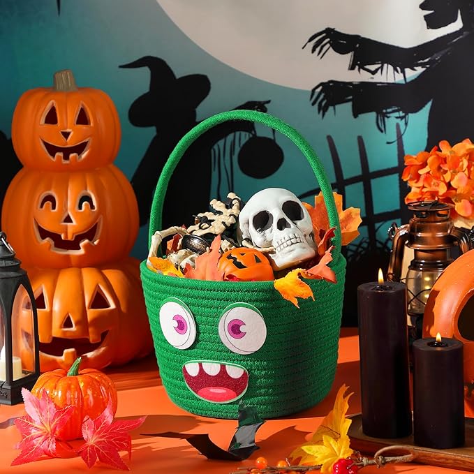Halloween Basket with Handle Cute Bucket Cotton Rope Woven Candy Bag Pumpkin Witch Cat Pig Storage Basket for Halloween Party Favor(Green,Monsters)
