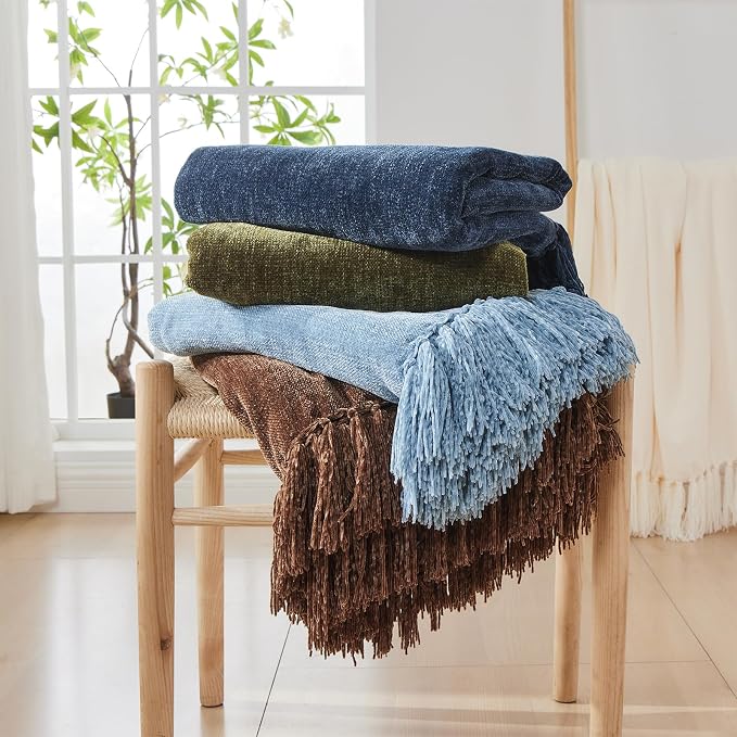 CozeCube Chenille Throw Blanket, Olive Green Fringe Blanket, 50"X60" | For Couch, Cozy Plush Fuzzy Decorative Blanket with Fringe Tassels, Lightweight Throws for Bed Sofa Gift Home Decor