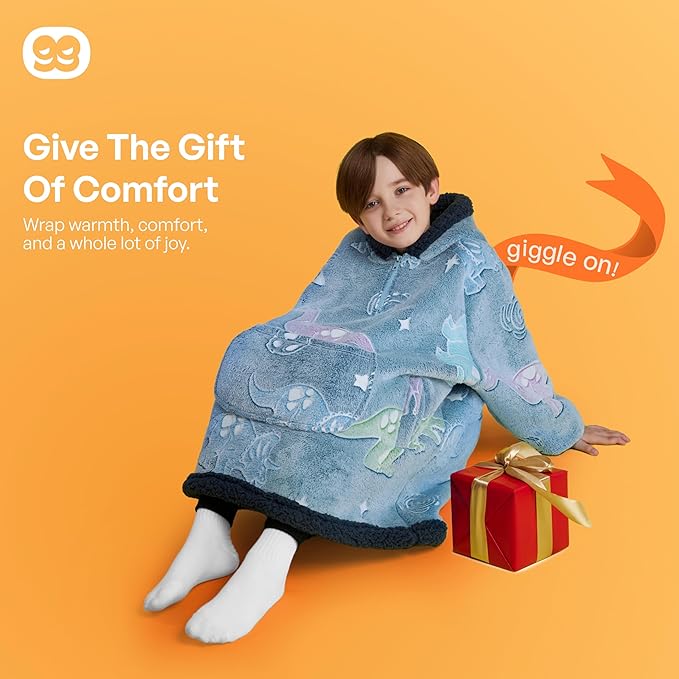 Giggling Getup Glow in The Dark Wearable Blanket Hoodie for Girls and Boys Warm Cozy Sherpa Fleece Hooded Blanket Sweatshirt Oversized Hoodie with Giant Pocket & Sleeves for Kids Blue Dinosaur Glow