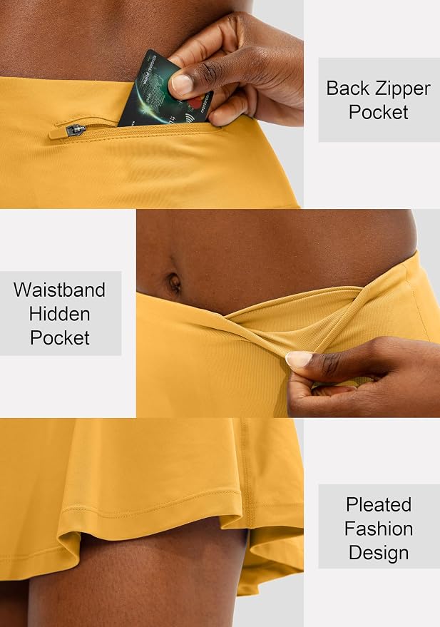 Pleated Tennis Skirt with 4 Pockets | 14", 3.5" High Waisted, Soft, Lightweight, Mesh Built-in Shorts, Dressy, Casual, Athletic, Golf, Skort for Women