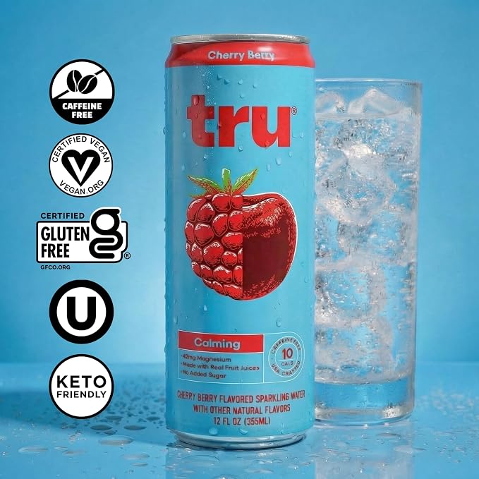 Tru Dream Calming Drink, Magnesium Glycinate Sparkling Water with Real Fruit Juice, Cherry Berry Flavored Seltzer, Caffeine Free, No Added Sugar, Keto, Vegan, Kosher, Gluten Free, 12 Fl Oz (Pack of 12)