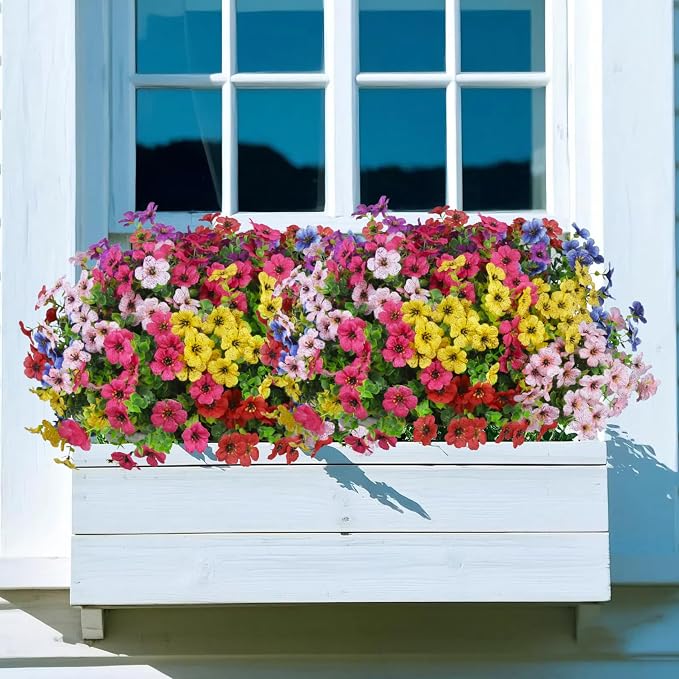Ouddy Decor 12 Pcs Artificial Flowers for Outdoors Decorations, Multicolor | Colorful lifelike flowers, UV resistant, faux plastic plants, for garden porch window table vase home indoor outdoor decor