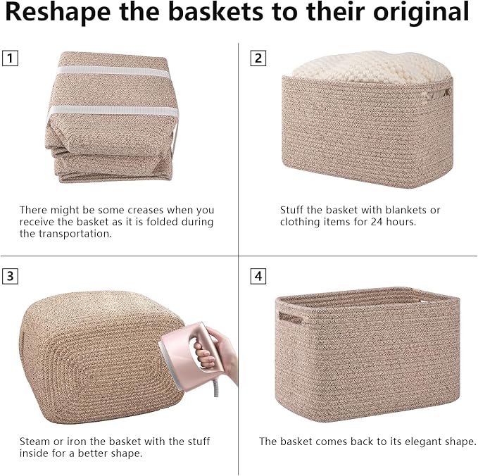 OIAHOMY 4 Pack Storage Baskets for Organizing, Cube Storage Bins for Shelves, Rectangle Storage Baskets With Handles, Woven Baskets for Storage, 12.7''Lx9''Wx7.8''H, Mixed Brown