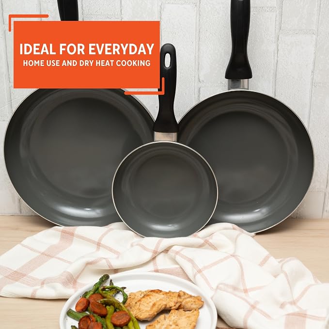 IMUSA 3 Piece 7, 9 & 11 Inch Chef Cera Aluminum Gray Ceramic Fry Pan Set | Ceramic Nonstick Coating, Cool-Touch Handles, Ideal for Sautéing and Searing, Great for Everyday Home Cooking