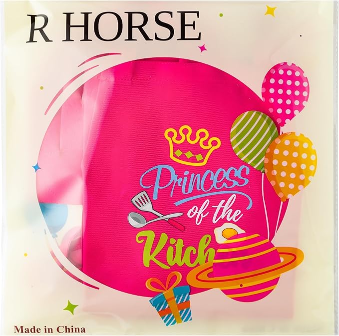 R HORSE 2 Pcs Kid Apron and Chef Hat Set, Rose Red Adjustable Children Kitchen Apron Role Play Chef Toy Cooking Baking Painting and Training Kits Kid Funny Cooking Gift New Year