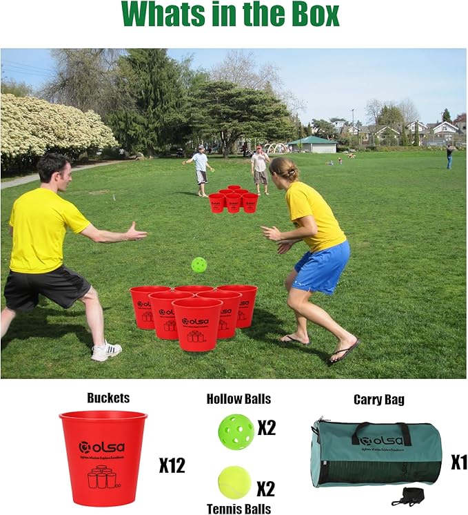 Olsa Giant Pong Yard Games, Yard Pong Outdoor Game for Adults and Family, Toss Backyard Lawn Games with 12 Buckets, Balls, Strength Carrying Bag for Beach Camping Backyard Party(Red)