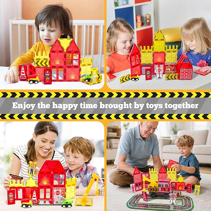 Magnetic Tiles for Kid, Construction Magnet Tiles with Fire Truck & Station, Building, Road, Crane, and Car Toys - Educational Travel Magnetic Tiles for Kids Ages 4-8, STEM Toys for 3+ Year Old