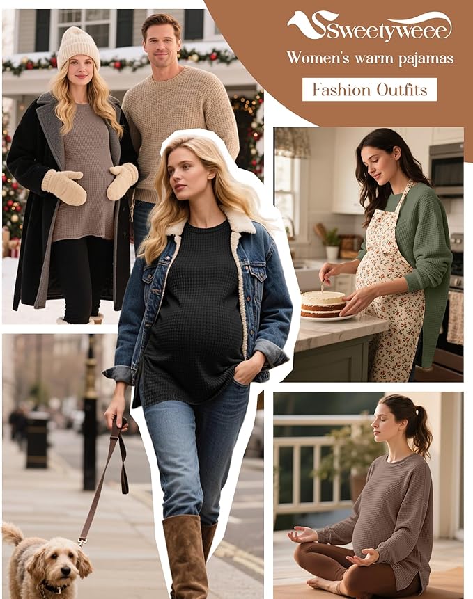 3 Pack Women's Maternity Shirts Long Sleeve Waffle Knit Side Split Oversized Tops Pregnancy Clothes Fall Tees