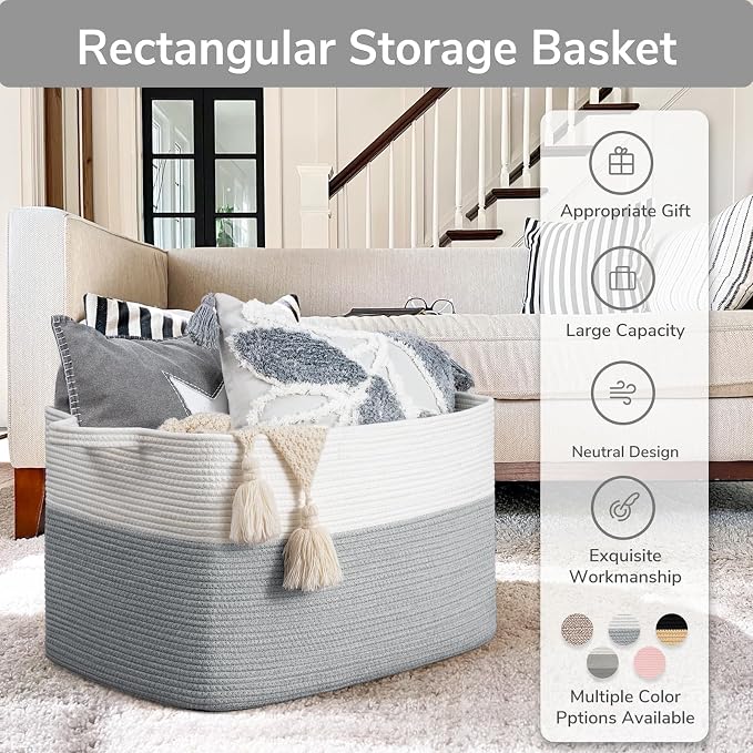 Goodpick 85L Large Woven Rope Blanket Basket, Rectangle, White Gray | 23.6'' x 15.7'' x 13.8'' Storage Basket for Blankets & Pillows, Living Room & Bedroom Organization, Reinforced Handles