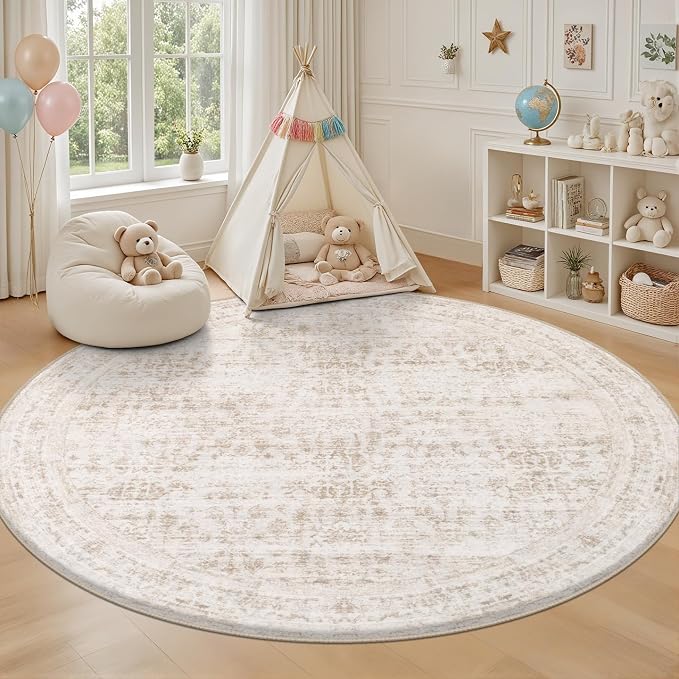 Round Area Rug for Living Room: 6ft Washable Vintage Boho Soft Thin Circle Rug Indoor Floor No Slip Stain Resistant Carpet for Bedroom Dining Room Farmhouse Nursery Home Office -Beige Brown