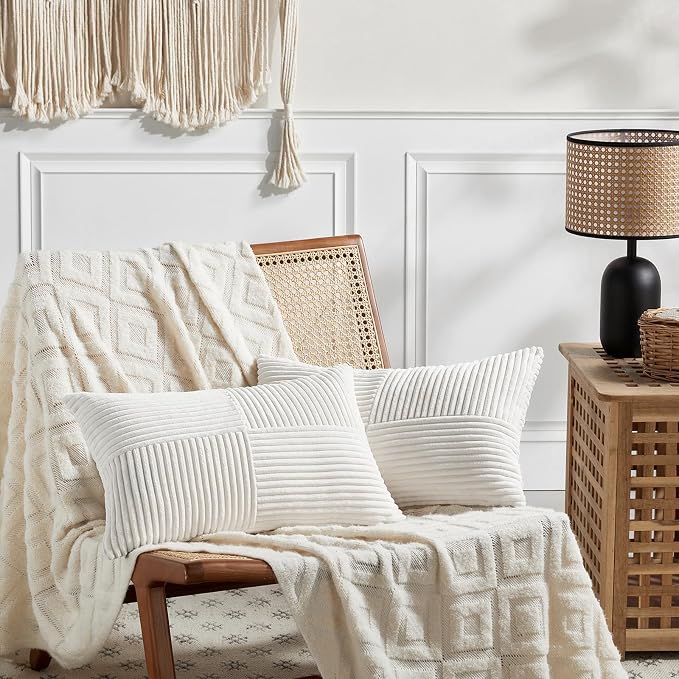 Fancy Homi 2 Packs Cream White Lumbar Decorative Throw Pillow Covers 14x22 Inch for Living Room Couch Bed Sofa, Rustic Farmhouse Boho Home Decor, Soft Striped Corduroy Rectangle Accent Cushion Case