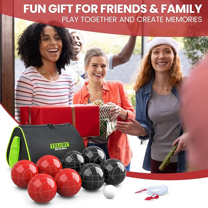 Bocce Ball Set 100mm Regulation Size and Weight for Lawn, Beach Bocci Game Sets for 2-8 Players (Red and Black)