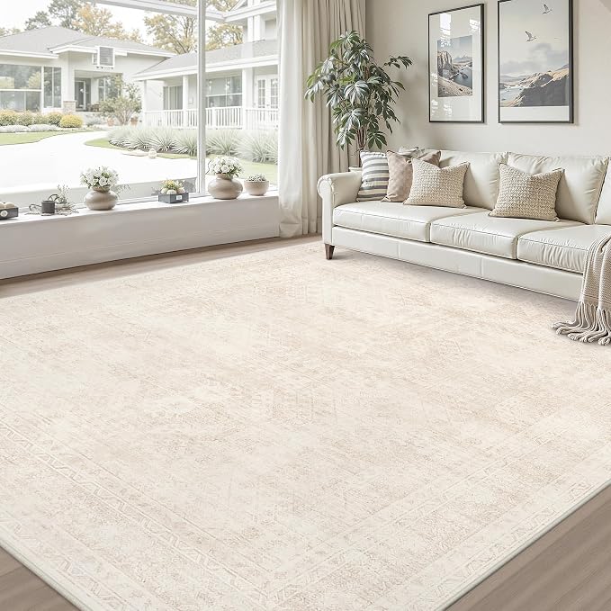 10x14 Area Rugs for Living Room: Vintage Boho Neutral Washable Rug Indoor Soft Large Area Rug Carpet for Bedroom Nursery Farmhouse Dining Room Office Floor Non-Slip Low Pile Under Table Rug Beige