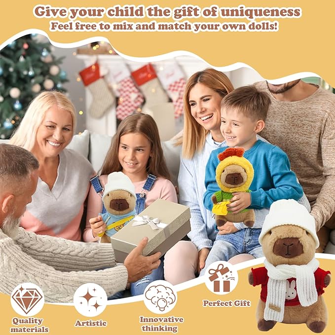 Capybara Plush with 10 pcs Clothes & Accessories, Dress Up Capybara Stuffed Animal Plush Toys with Outfits, Including 10 Sets of Clothing and Accessories, Suitable for Boys and Girls as Birthday Gifts