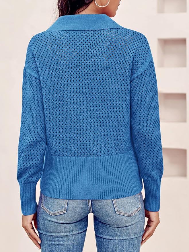 Doshoop Womens Summer Crochet Sweaters Long Sleeve Hollow Out Knit Half Zip Lapel Collar Pullover Tops