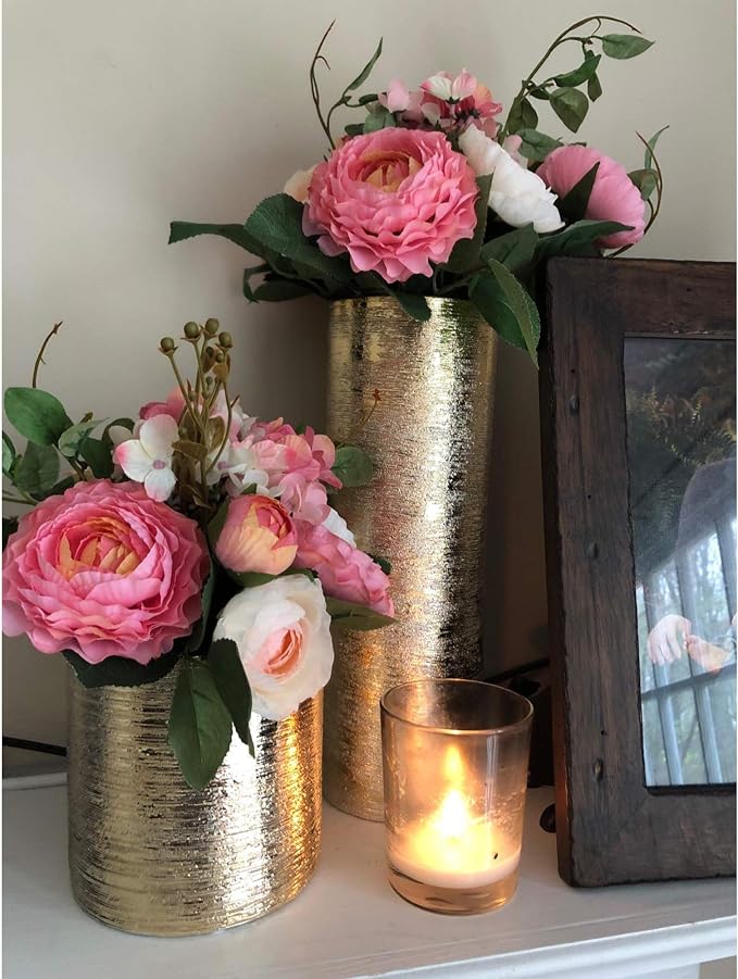 WGV Ceramic Cylinder Vase Width 5" Height 12" Elegant Unique Modern Matte Floral Container Planter Pot Centerpiece for Event Party Wedding Office Home Decor, Gold Textured 1 Piece