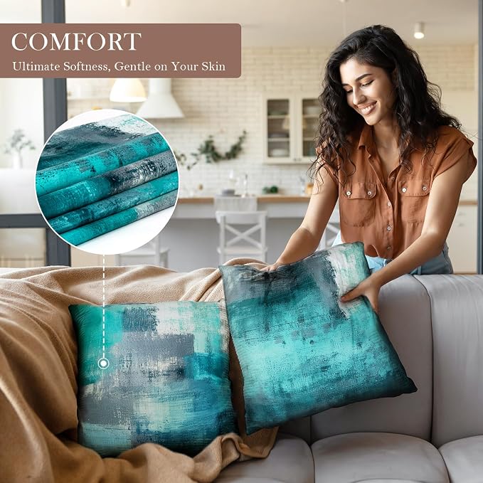 Teal Abstract Throw Pillow Covers 16x16 Set of 4 | Turquoise & Grey modern‑art cushion covers, aesthetic accent pillowcases for sofa, bedroom and chair