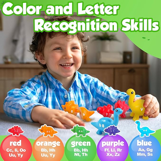 Dinosaur Alphabet Learning Toys - 52pc in Storage Box | 26 Double Sided Dino Matching Toys | Preschool Dinosaur Letter Matching Toy for Toddlers 3-5