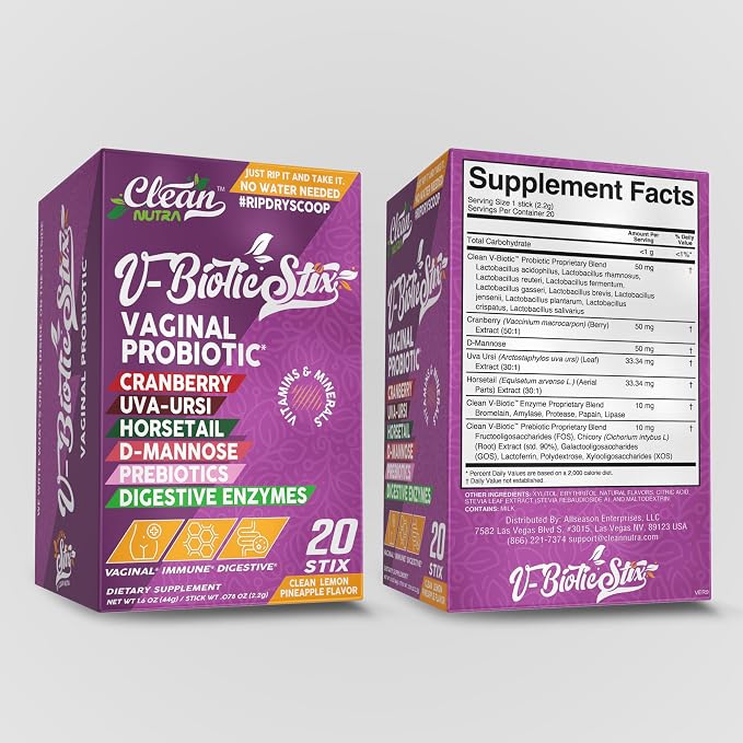 Clean Nutraceuticals Vaginal Probiotics for Women with Cranberry Extract, D-Mannose, Prebiotics, pH Balance for Women, Vaginal Health – Womens Probiotic Alternative to Gummies - 20 Stix