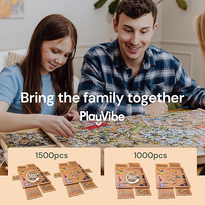 PlayVibe 1000 Piece Puzzle Board with Drawers and Cover - Portable Wooden Jigsaw Puzzle Tray with Drawers, Solve Station & Sturdy Table, Cozy Indoor Game Night