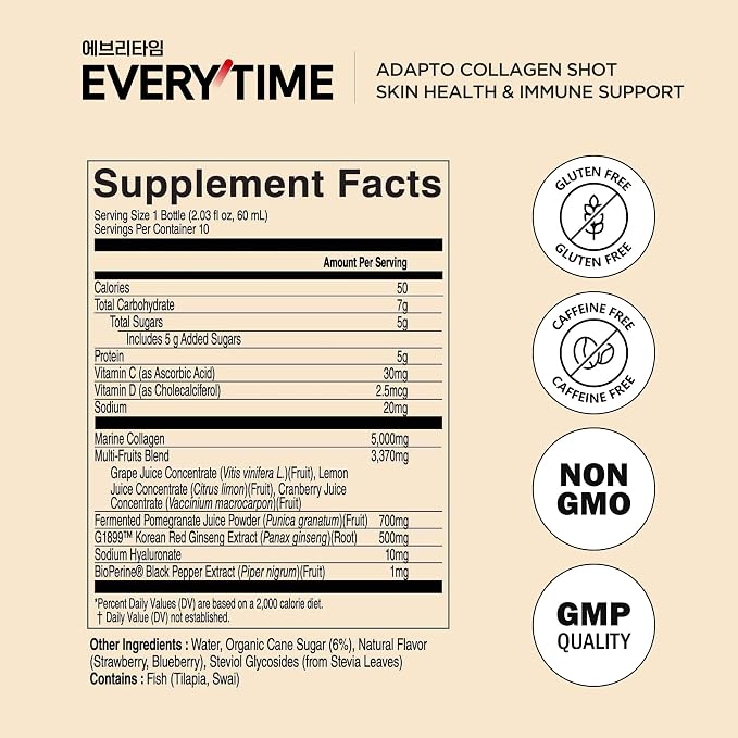 JUNG KWAN JANG Everytime Adapto Collagen Shot - Skin and Sleep Support - Liquid Adaptogen Drink with Marine Collagen, Passion Fruit, Chamomile NAD L-Theanine - Gluten Free (10 Bottles, 2.03 fl oz)