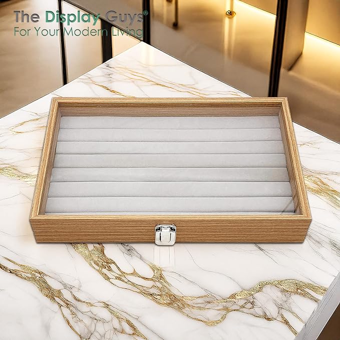Wooden Travel Jewelry Box w. Tempered Glass Display Lid - Rings Storage - 7-Rows Velvet Organizer (Natural Oak) by The Display Guys