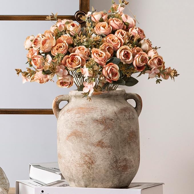 Vanselia Ceramic Flower Vase Home Table Decor Living Room Farmhouse 7.6 in | Small Rustic Decorative Flowers Vases Plant Modern Decoration for Kitchen Shelf Coffee Dining Centerpieces Desk