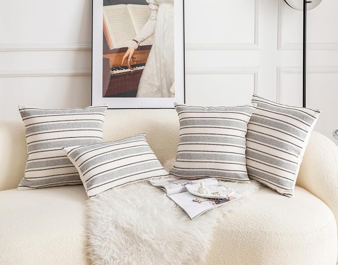 Cethom Decorative Boho Throw Pillow Covers, Farmhouse Textured Pillow Case, 18 x 18 Inch Set of 2, Chair Sofa Bedroom Living Room Home Decor Couch Cushion Case, Black and Beige Striped