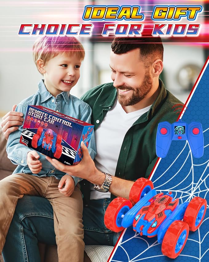 Spider Remote Control Car for Kids RC Stunt Cars for Boys 360°Rotating 4WD Electric Rechargeable Vehicle Toy Car for Boy Age 6-8 10-12 Spider Toys for 6 7 8 9 10 Year Old (Blue&Red)