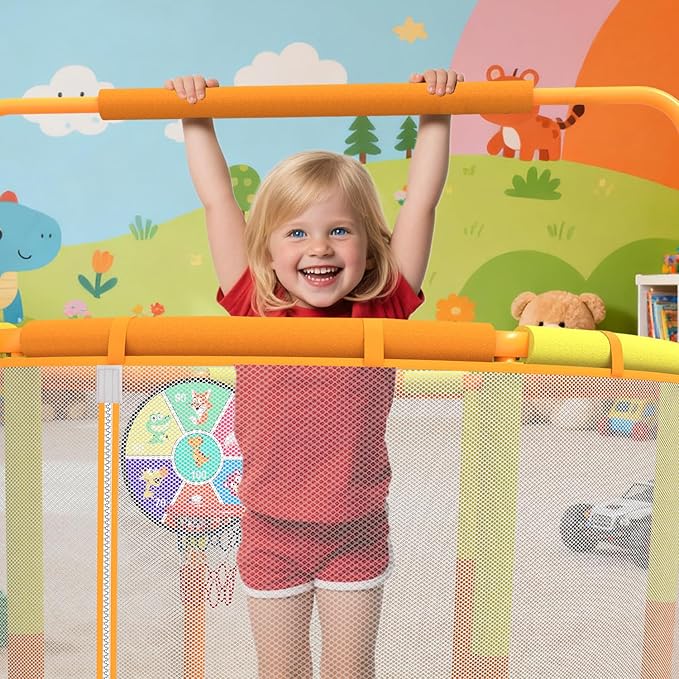 LANGXUN 60" Trampoline for Kids, 5ft Toddler Mini 6-in-1 Trampoline Indoor Outdoor with Swing, Basketball Hoop, Dart Board, Gymnastics Bar, Rings, Christmas Toys Birthday Gifts for Girls Boys