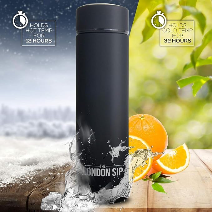 London Sip Multi-Purpose Tea Infuser Travel Mug and Tumbler Fruit Infuser Flask Hot and Cold Double Wall Stainless Steel Thermos with Extra-Long Infuser, Zen Black