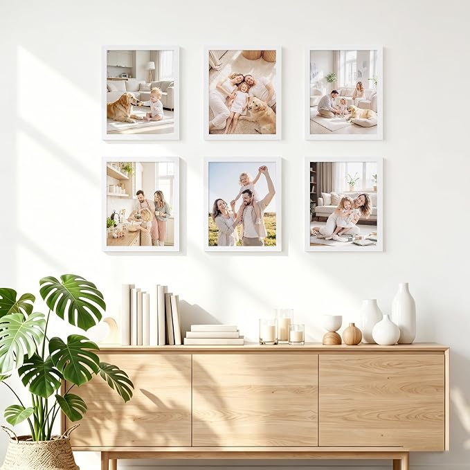 PEALSN 8x10 Picture Frame Set of 6, White Picture Frames with HD Plexiglass,Wall Gallery Photo Frames for Wall Mounting or Tabletop Display, White Woodgrain