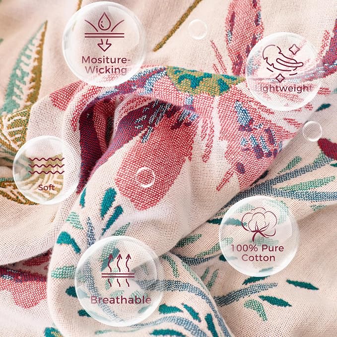 LUTBM Boho Throw Blanket for Couch 50"x60", Cotton Decorative Bed Throw | Reversible Floral Jacquard, All-Season Muslin Blanket, For Chair Sofa Bedroom Living Room Decor, Lightweight Breathable Gauze