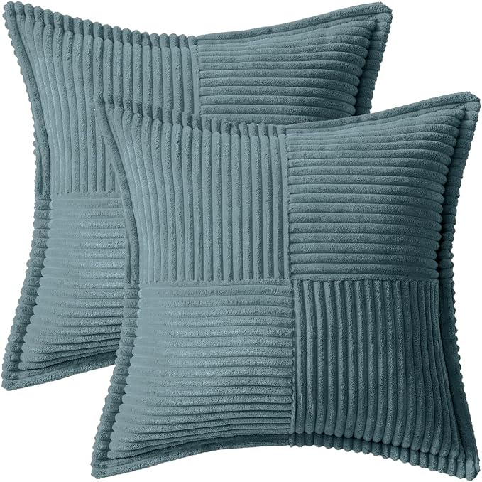MIULEE Decorative Throw Pillow Covers for Couch 16x16 Inch Dusty Blue | 2 Pack, Boho Broadside Striped Patchwork Pillow Covers, Soft Corduroy Cushion Cases, For Sofa Bed Livingroom Home Decor