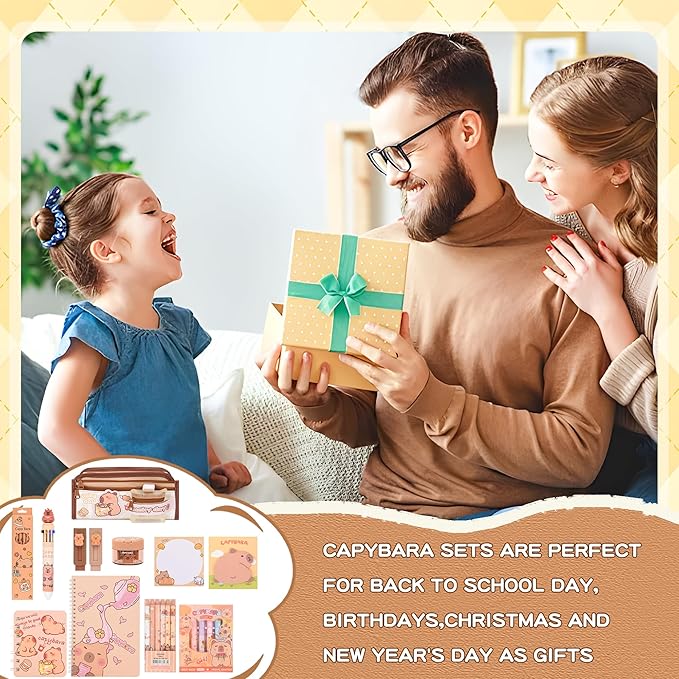 33Pcs Cute Capybara Stationery Set,Capybara Birthday Gifts for Boys Girls School Supplies,Capybara Set with Compartments Gel Pens, Pencils, Erasers, Pencil Sharpener etc, Classroom Rewards.