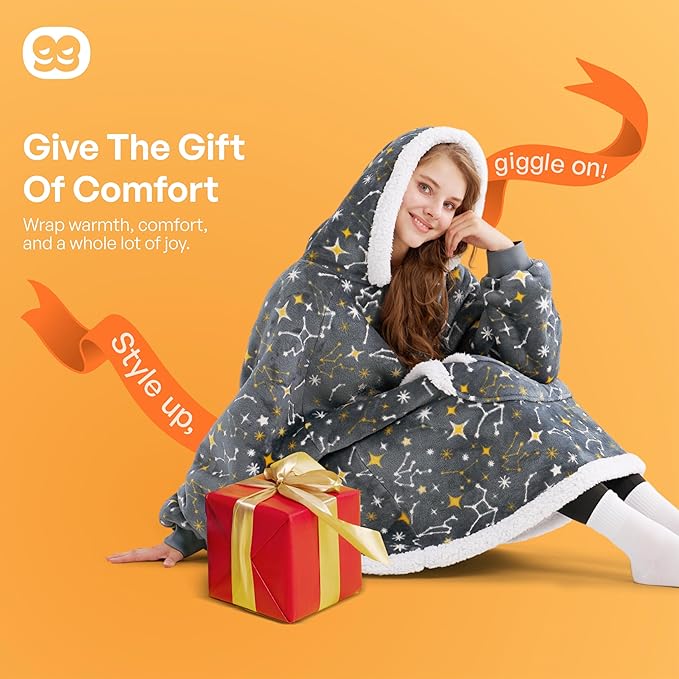 Giggling Getup Wearable Blanket Hoodie for Adults Gifts for Teen Girls Sister Women Sherpa Fleece Printed Hooded Blanket Sweatshirt Warm Cozy with Pocket & Sleeves Grey Glowing Stars