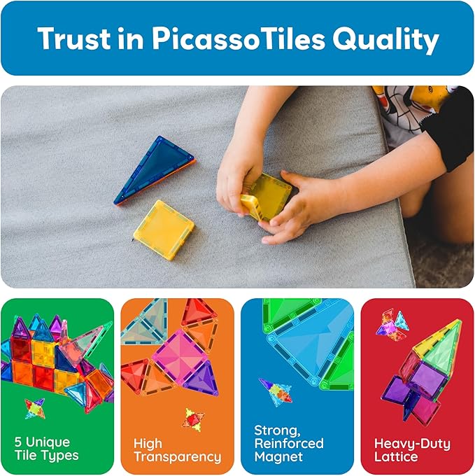 PicassoTiles 80pc Mini Travel Size Magnetic Tiles Building Blocks Construction Build STEM Learning On The Go Vacation Toy Set Birthday Gifting Classroom Magnet Tile Kit Educational Ages 3 and up PTM80