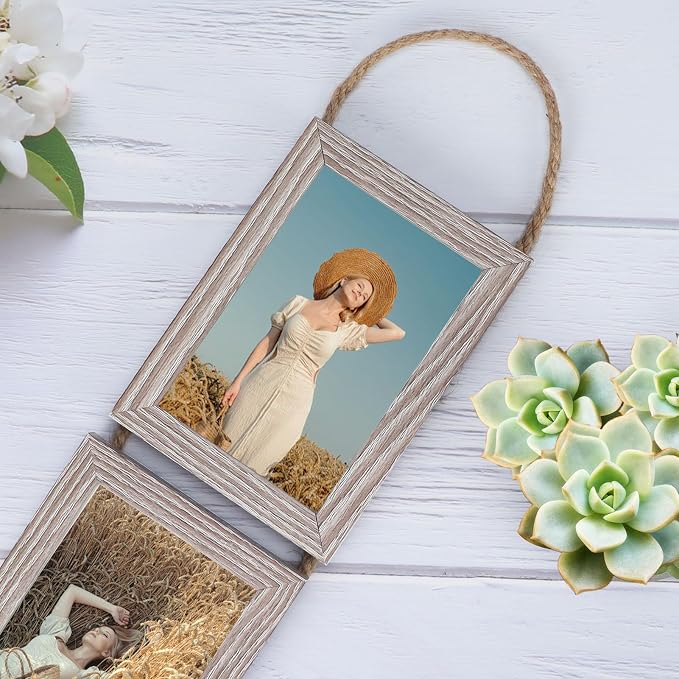 QUTREY Collage Picture Frame 5x7, 6 Openings Vertical Hanging Photo Frame Set of 2, 5 by 7 inch Multi Picture Frames for Wall, Rustic Grain