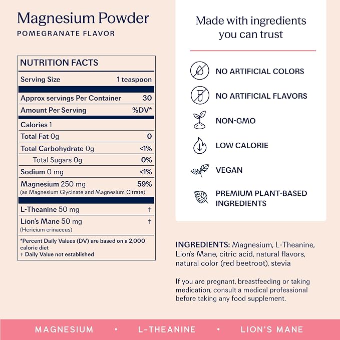 TRIP Magnesium Glycinate Powder with L-Theanine & Lion’s Mane, Sugar Free Magnesium Supplement for Adults, 250mg Magnesium per Drink Mix Serving, Pomegranate Orange Blossom, 1 Bag - 30 Servings