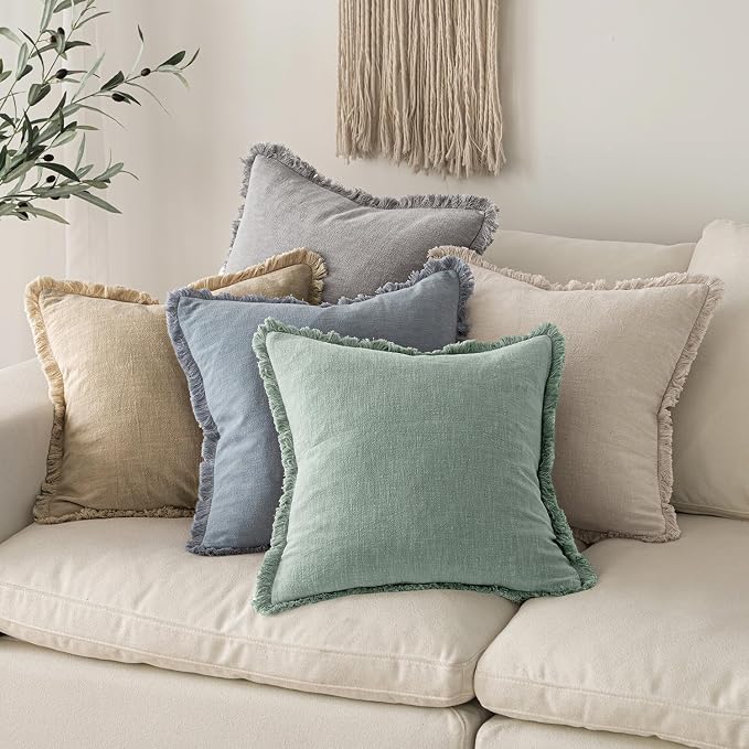 MIULEE Linen Fringe Decorative Euro Throw Pillow Covers Light Blue 26x26 | Set of 2, Cottagecore Decor, Boho Farmhouse Coastal Pillow Covers, Rustic Couch Cushion Cases for Sofa Bed Living Room