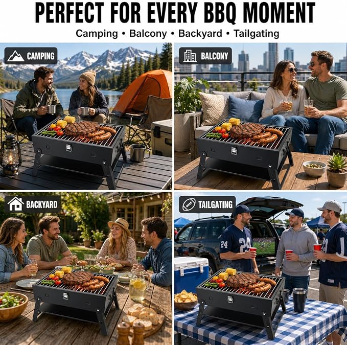 Portable BBQ Charcoal Camping Grill: Tabletop Folding Barbecue Grills | with Stainless Steel BBQ Grilling Tool Set, Fathers Day Birthday Grilling Gift for Men Dad Husband