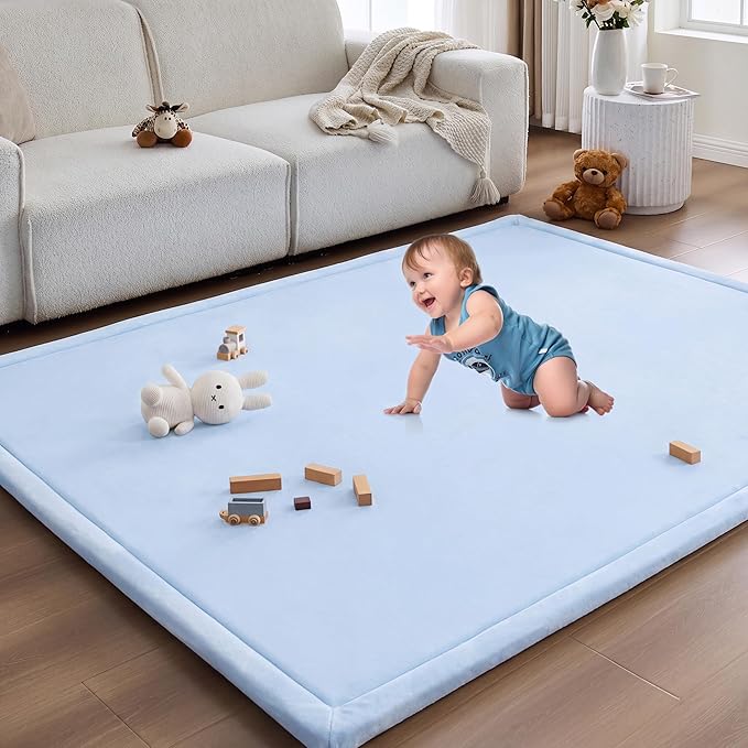 Baby Play Mat for Floor Nursery Rug Muscle Area Playroom Rug Elastic Foam 50x50" Playpenmat Elastic Foam 1.3" Thick Crawling Mat for Babies,Toddlers, Infants, Kids(Ripple Light Blue)