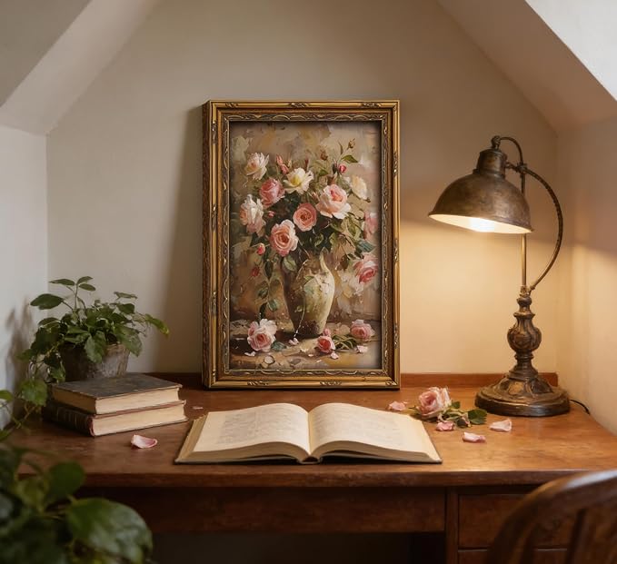 Gold Framed Vintage Floral Canvas Wall Art French Country Painting Picture Wall Decor Vase Flower Arrangement Poster Print Artwork for Living Room Bedroom Bathroom Home Decoration