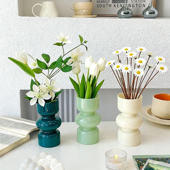 JSPYFITS Glass Hydroponic Flower Vase, 7 Inches Colored Bubble Vase for Flowers, Three-Layer Funky Vase for Home/Office/Weddings/Party Table Flowers Decor, Milky Green